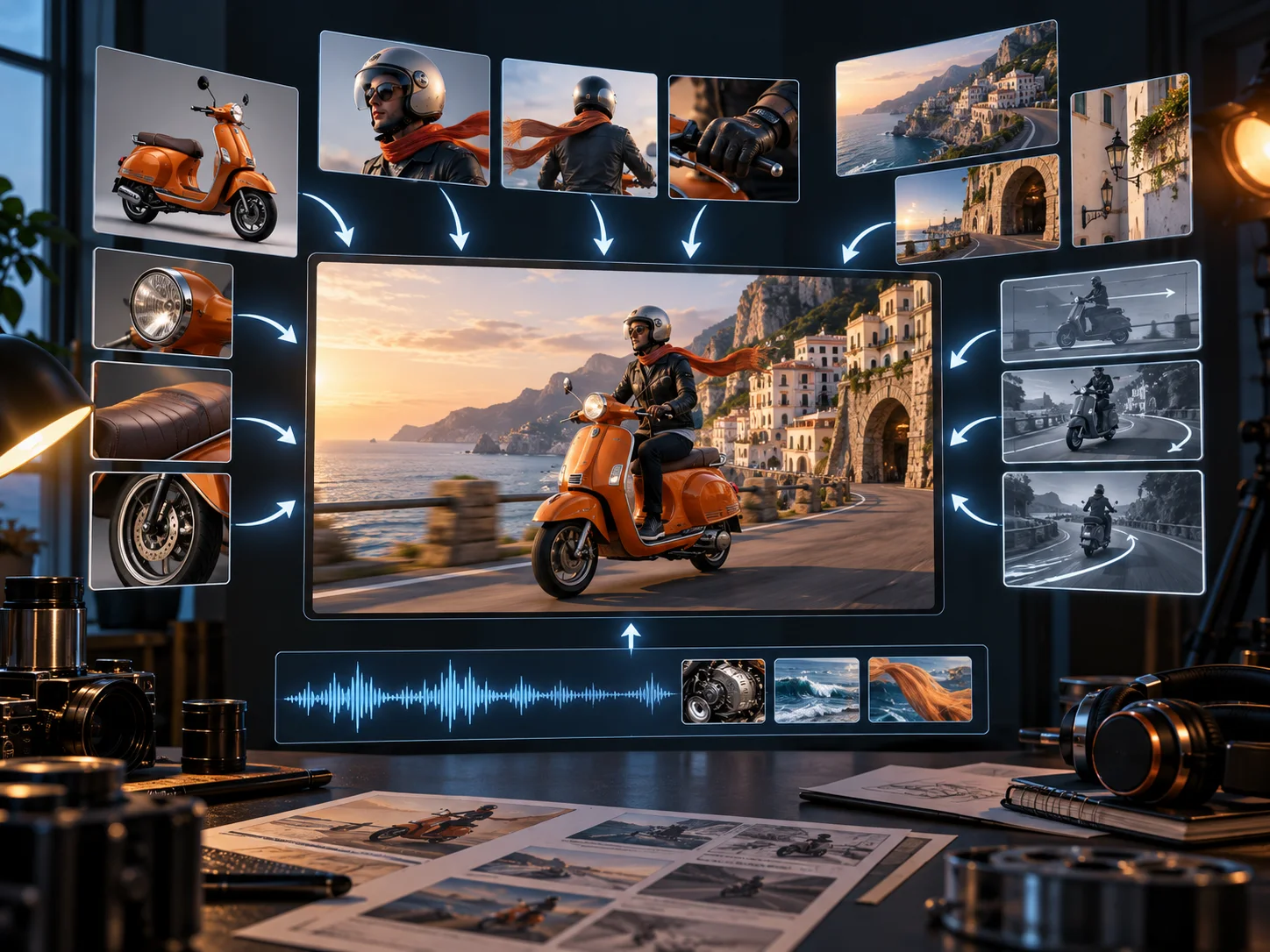 Concept illustration of image, video, and audio references guiding one coherent video