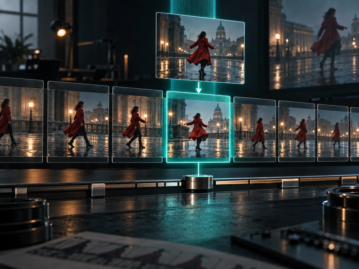 Concept illustration of a single timeline segment being adjusted while nearby video frames remain continuous