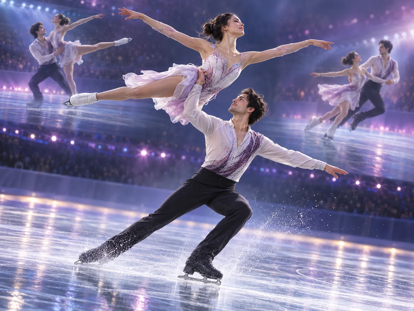 Concept illustration of two figure skaters maintaining balance and identity through a lift sequence
