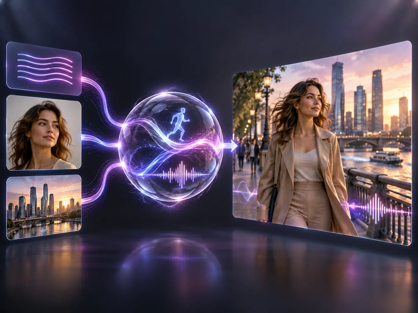 Concept illustration showing prompts and reference images becoming a coherent city video with audio