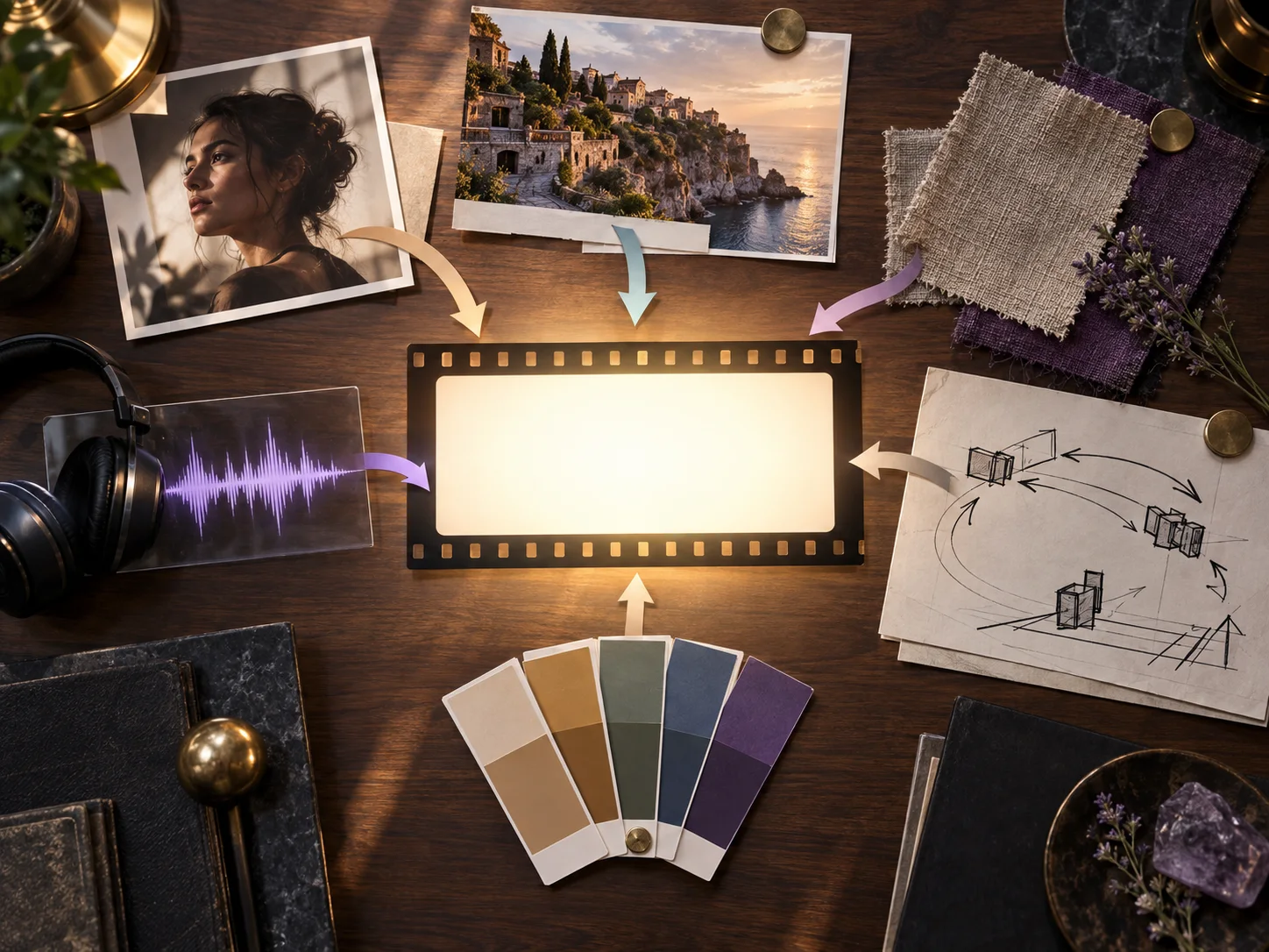 Creative desk where portrait, location, fabric, camera, sound, and color references converge on a film frame