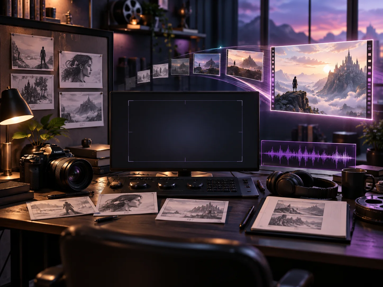 Conceptual film workstation connecting storyboards, audio, and camera references to a finished scene