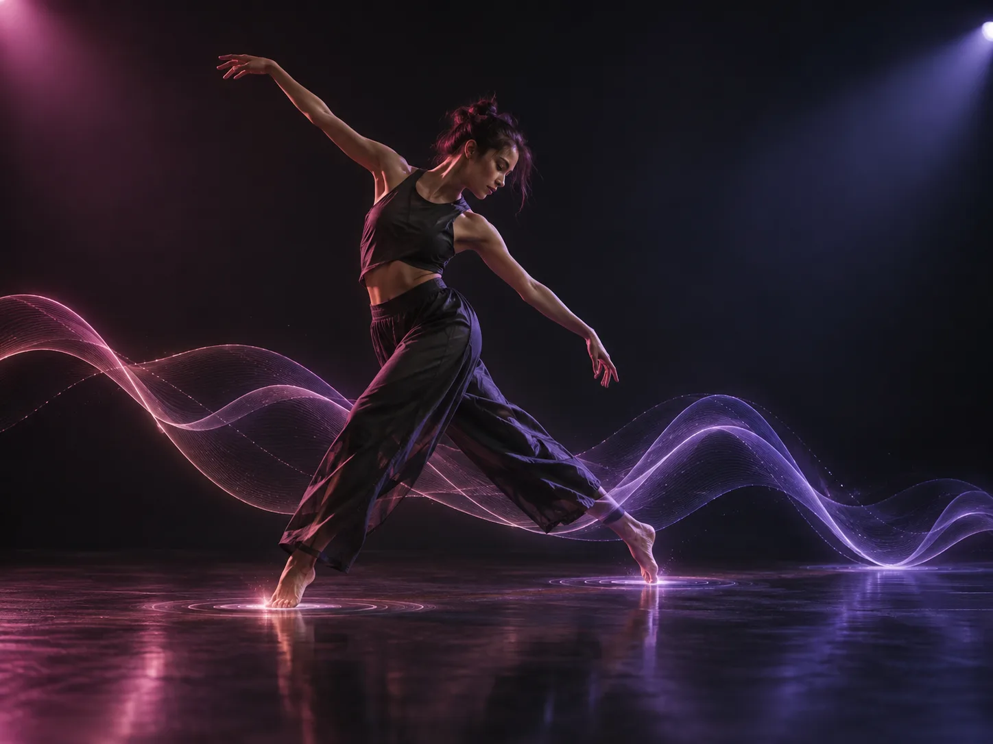 Concept illustration of a dancer whose movement aligns with flowing sound waves