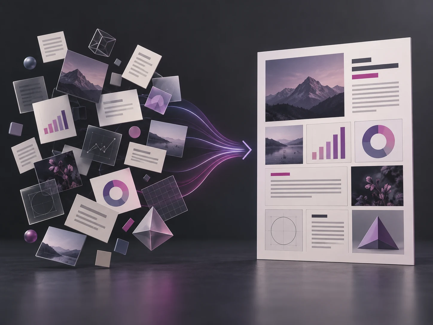 Concept illustration of scattered information modules assembling into a structured editorial page