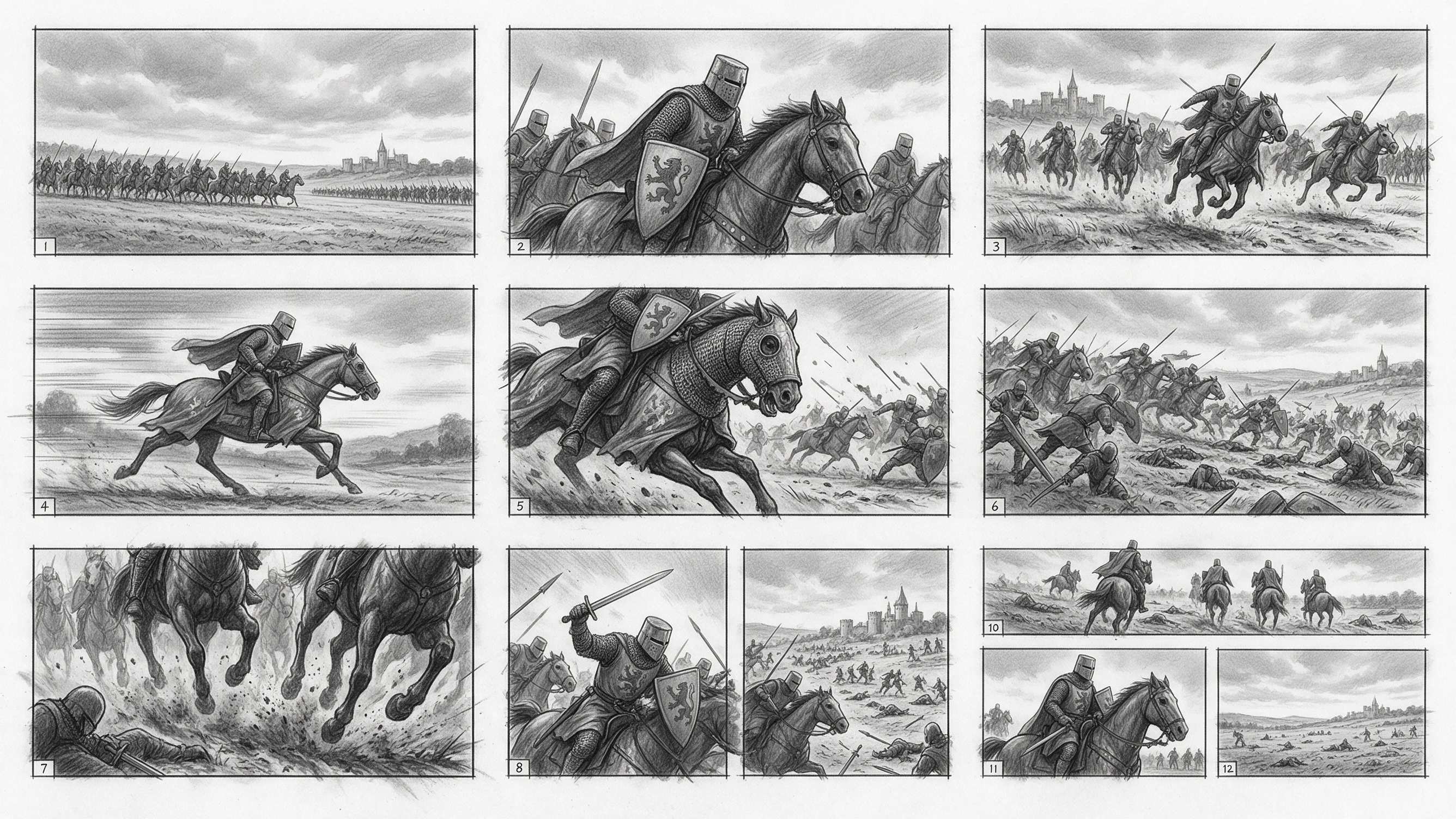 Twelve-panel medieval cavalry storyboard generated with Seedream 5.0 Pro