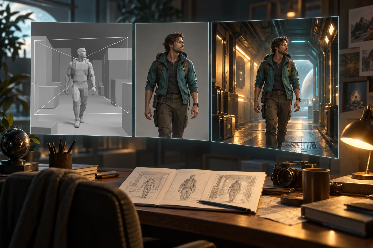 Conceptual panels showing gray mannequin blocking, an explorer character portrait, and a cinematic corridor interpretation