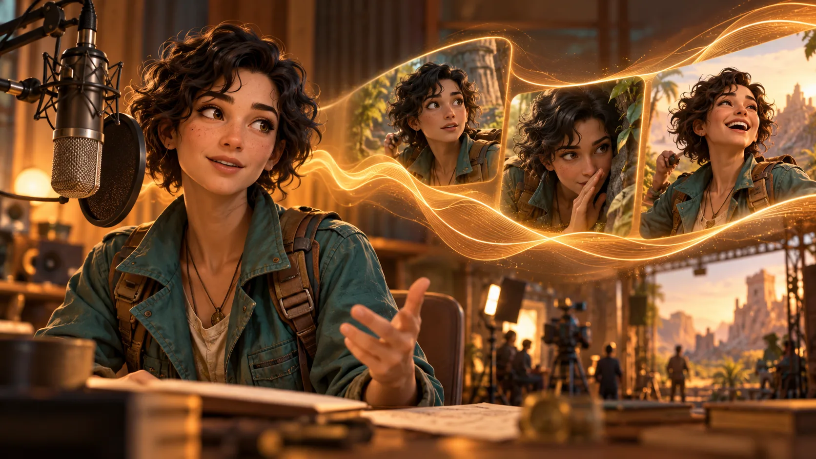 Concept illustration of an original explorer character, a studio microphone, and audio waves linking different expressions