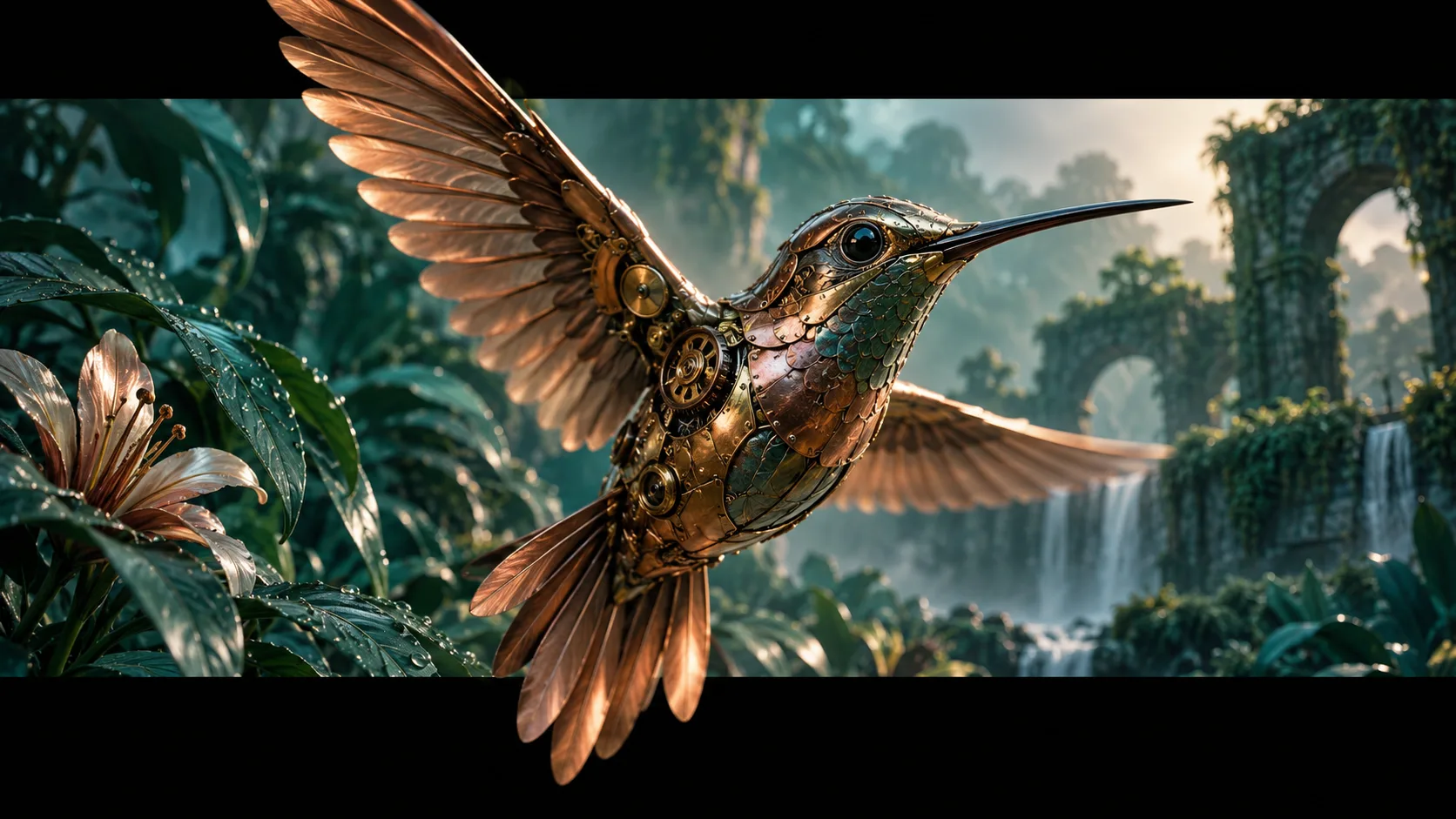 Concept illustration of a copper mechanical hummingbird overlapping the top and bottom black bars of a botanical scene