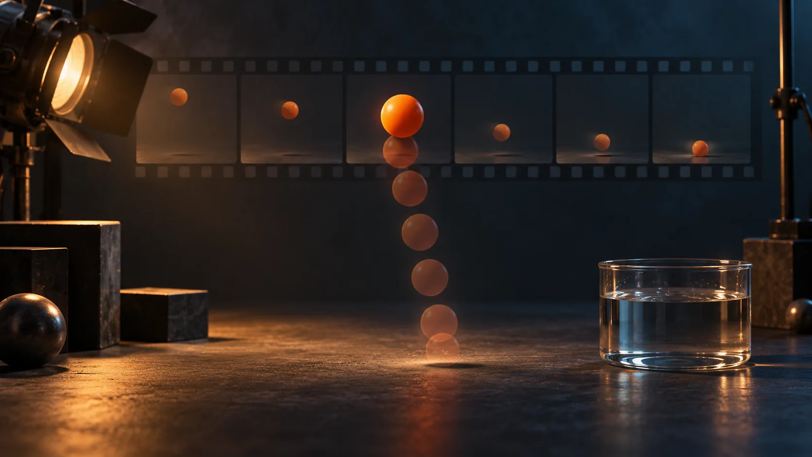 Concept illustration of an orange ball's descent in a cinematic studio with a glass water vessel