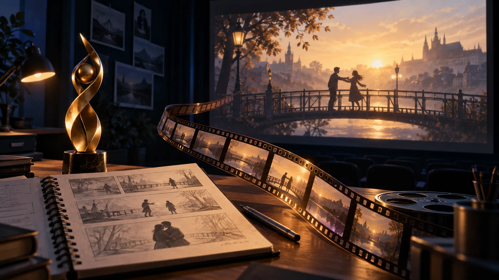 Concept illustration of a storyboard and film strip leading toward a cinema screen beside an abstract award
