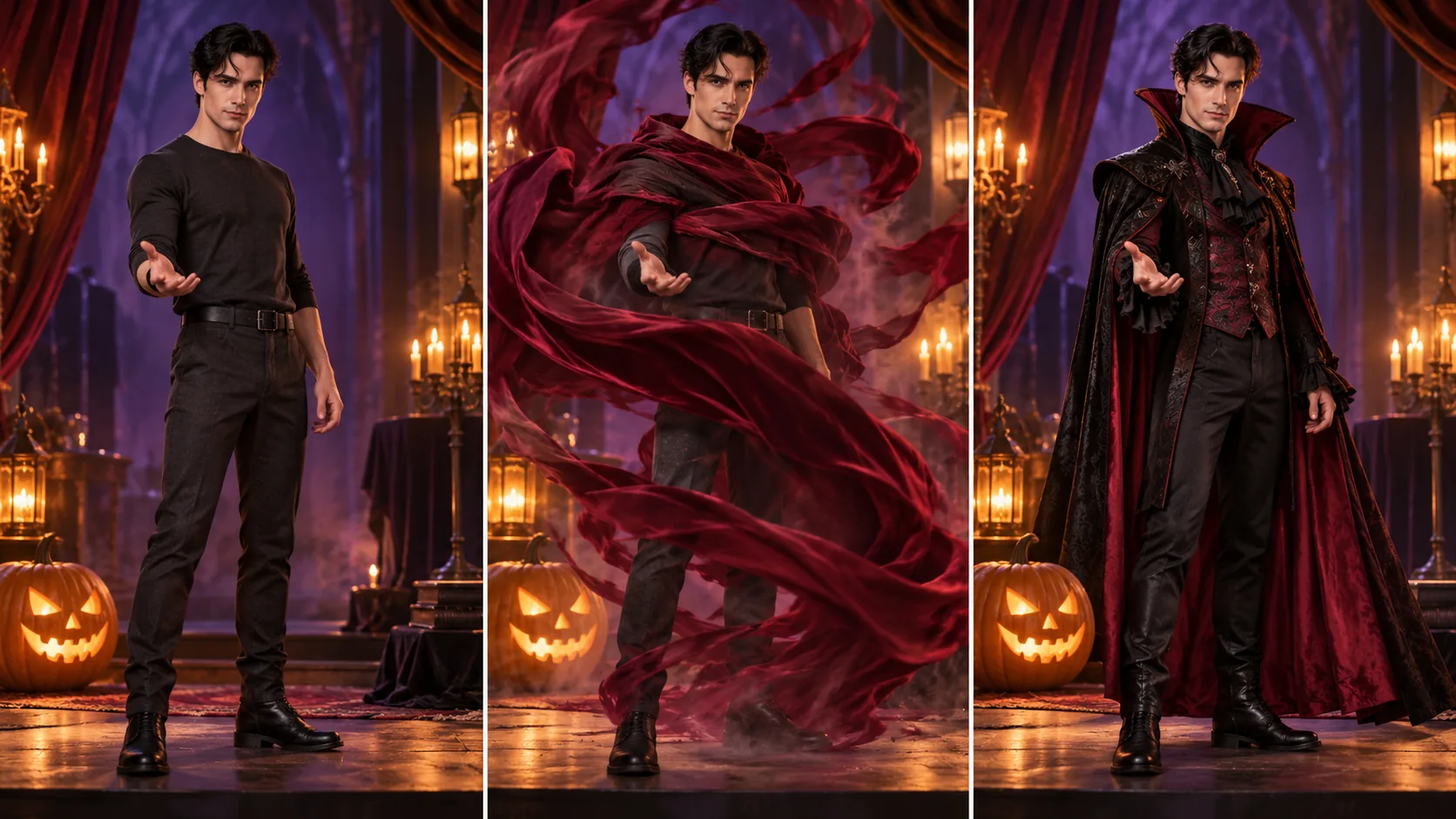 Three conceptual film panels showing one adult performer, a cloth transition, and a gothic Halloween costume
